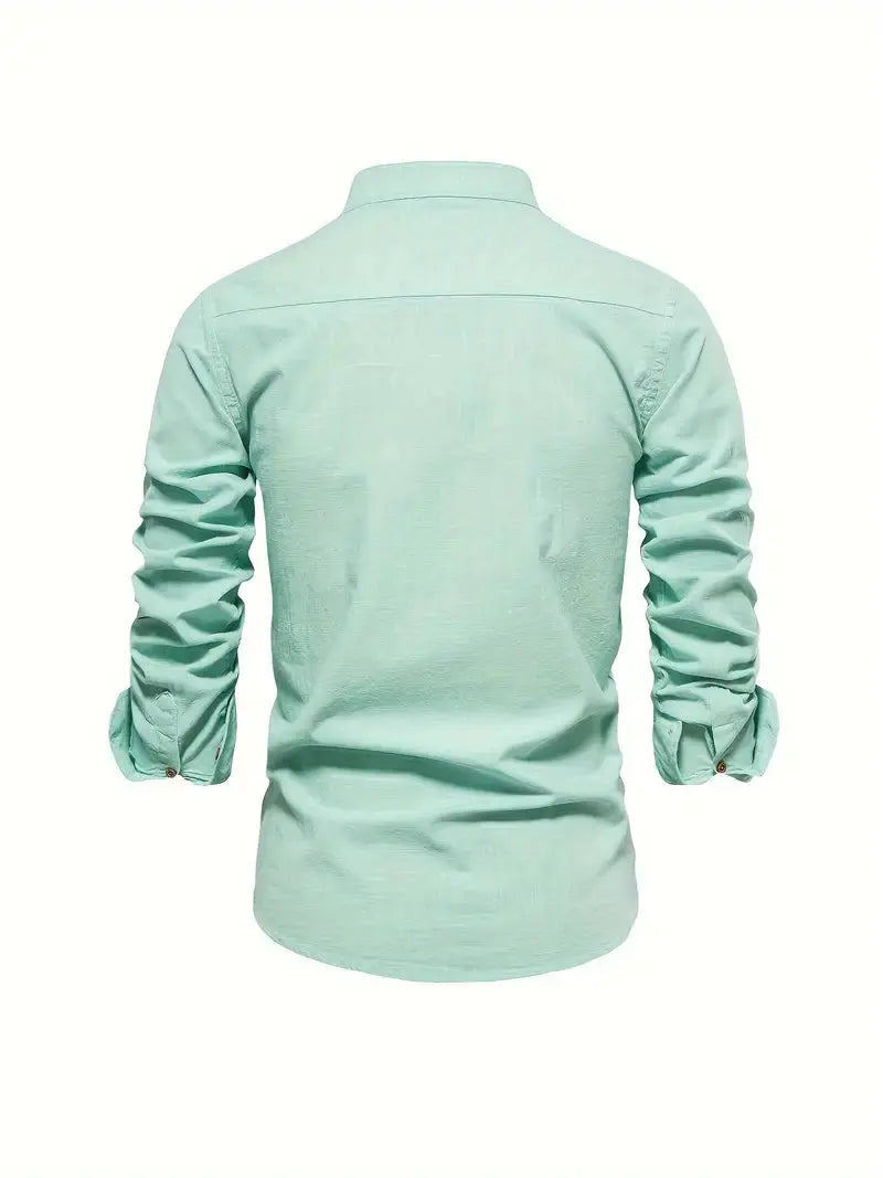 Men's Long Sleeve Shirt with Stand Collar and Button Front