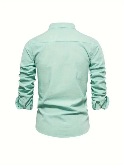 Men's Long Sleeve Shirt with Stand Collar and Button Front