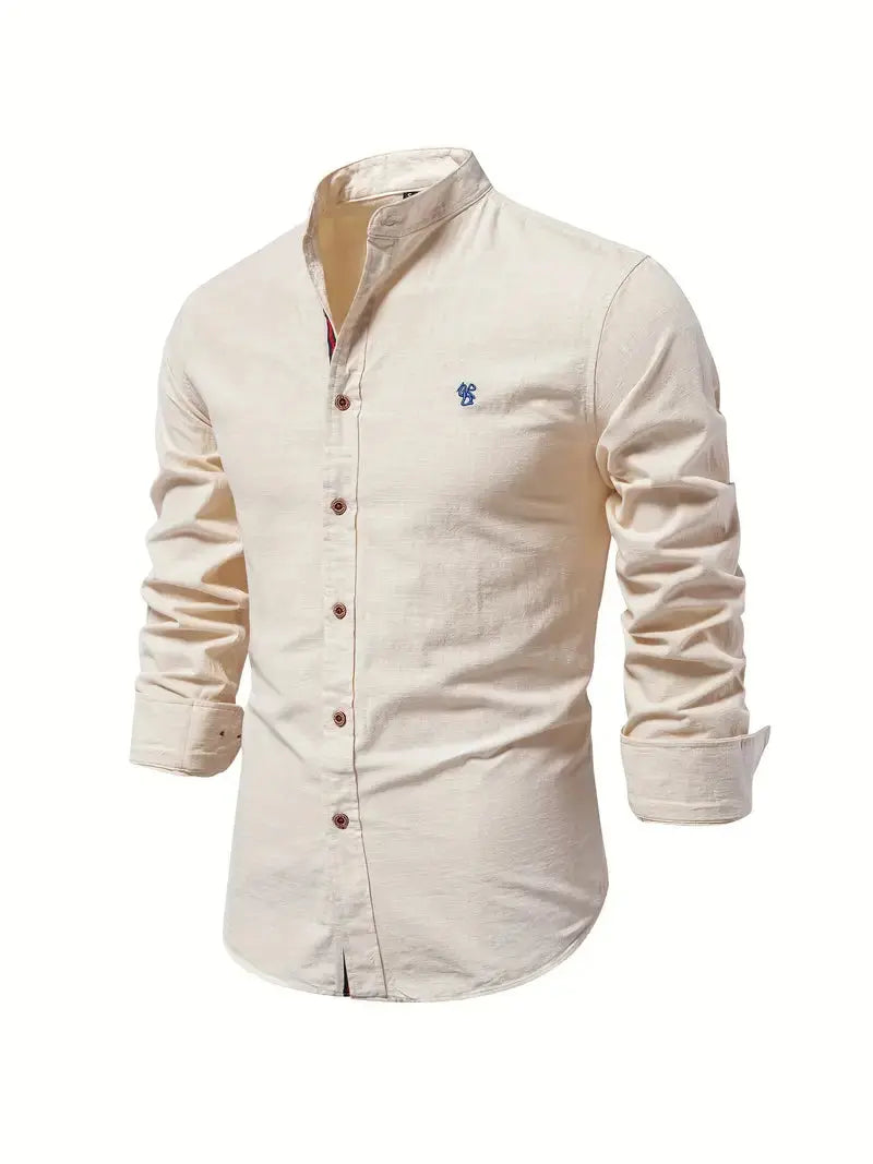 Men's Long Sleeve Shirt with Stand Collar and Button Front