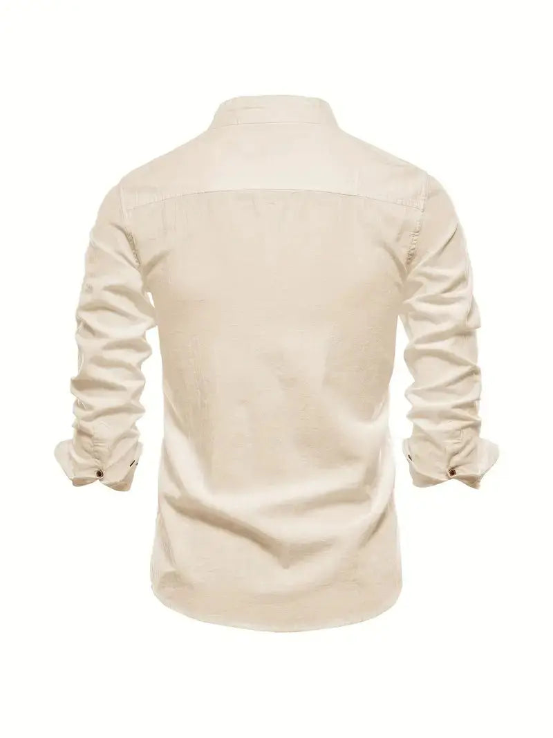 Men's Long Sleeve Shirt with Stand Collar and Button Front