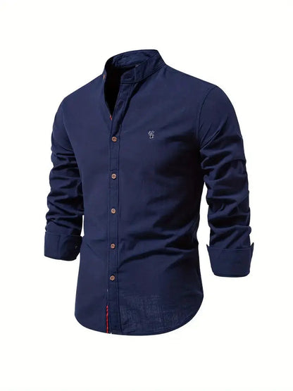 Men's Long Sleeve Shirt with Stand Collar and Button Front