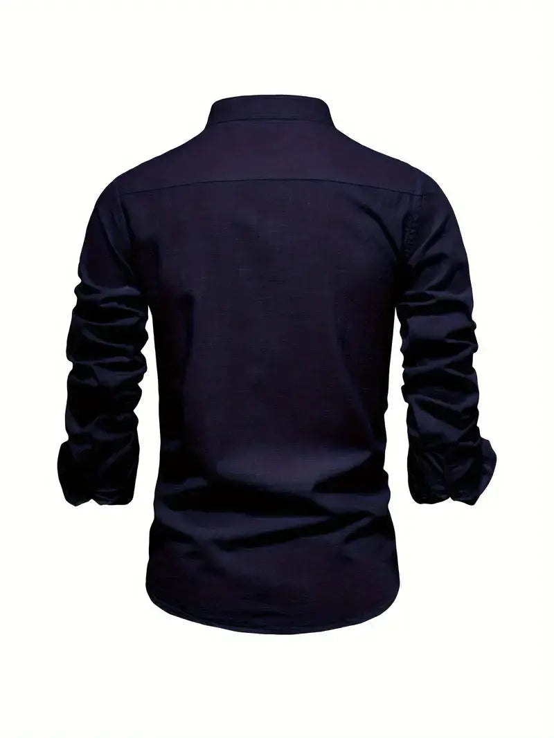 Men's Long Sleeve Shirt with Stand Collar and Button Front