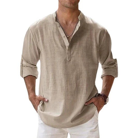 Men's Long Sleeve Shirt with Stand Collar and Half-Button Placket
