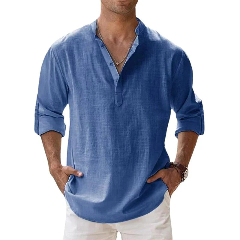 Men's Long Sleeve Shirt with Stand Collar and Half-Button Placket