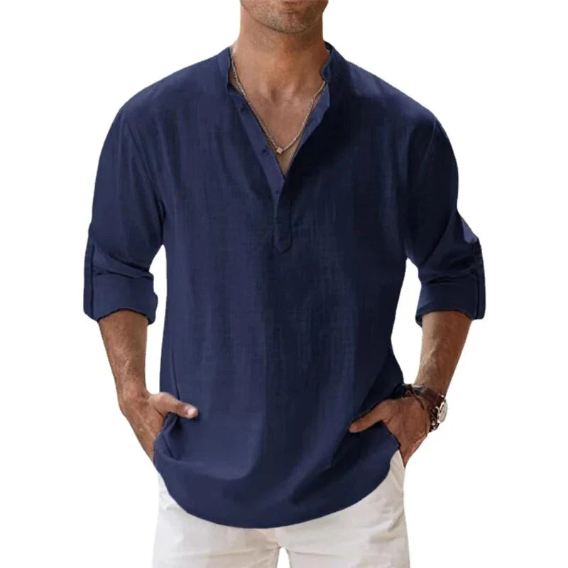 Men's Long Sleeve Shirt with Stand Collar and Half-Button Placket