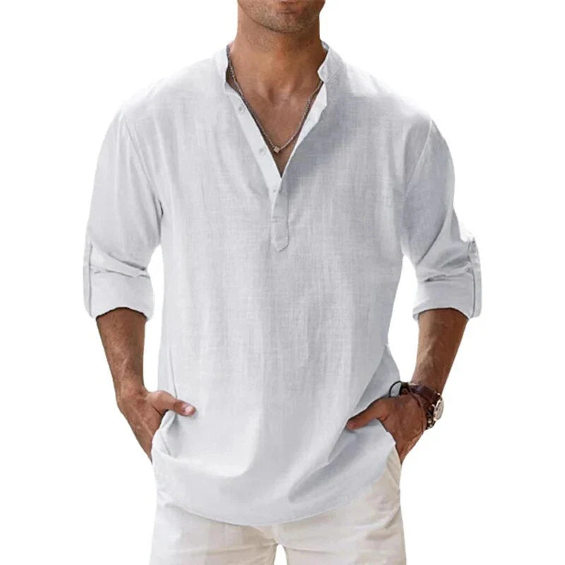 Men's Long Sleeve Shirt with Stand Collar and Half-Button Placket