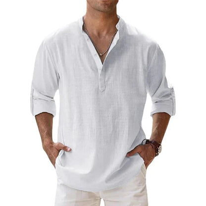 Men's Long Sleeve Shirt with Stand Collar and Half-Button Placket