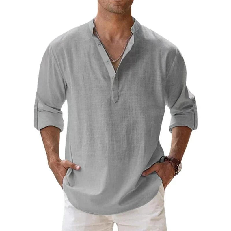 Men's Long Sleeve Shirt with Stand Collar and Half-Button Placket