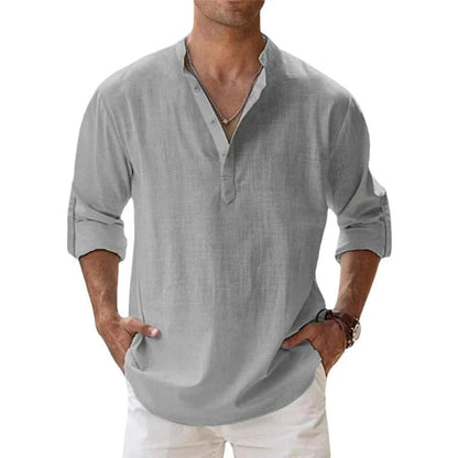 Men's Long Sleeve Shirt with Stand Collar and Half-Button Placket