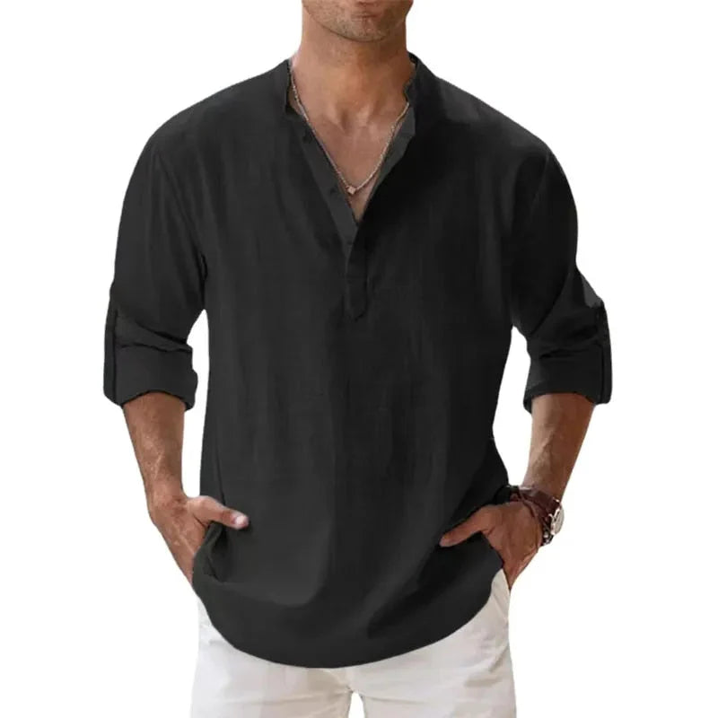 Men's Long Sleeve Shirt with Stand Collar and Half-Button Placket