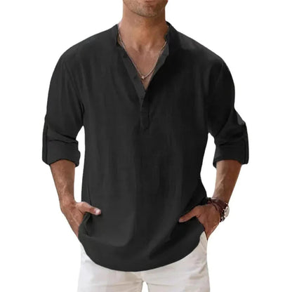 Men's Long Sleeve Shirt with Stand Collar and Half-Button Placket