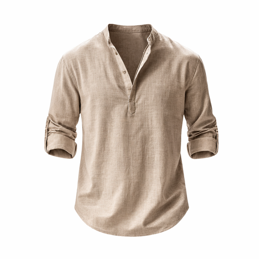 Men's Long Sleeve Shirt with Stand Collar and Roll-Up Sleeves