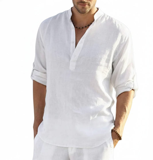 Men's Long Sleeve Shirt with V-Neck and Button Placket, Relaxed Fit