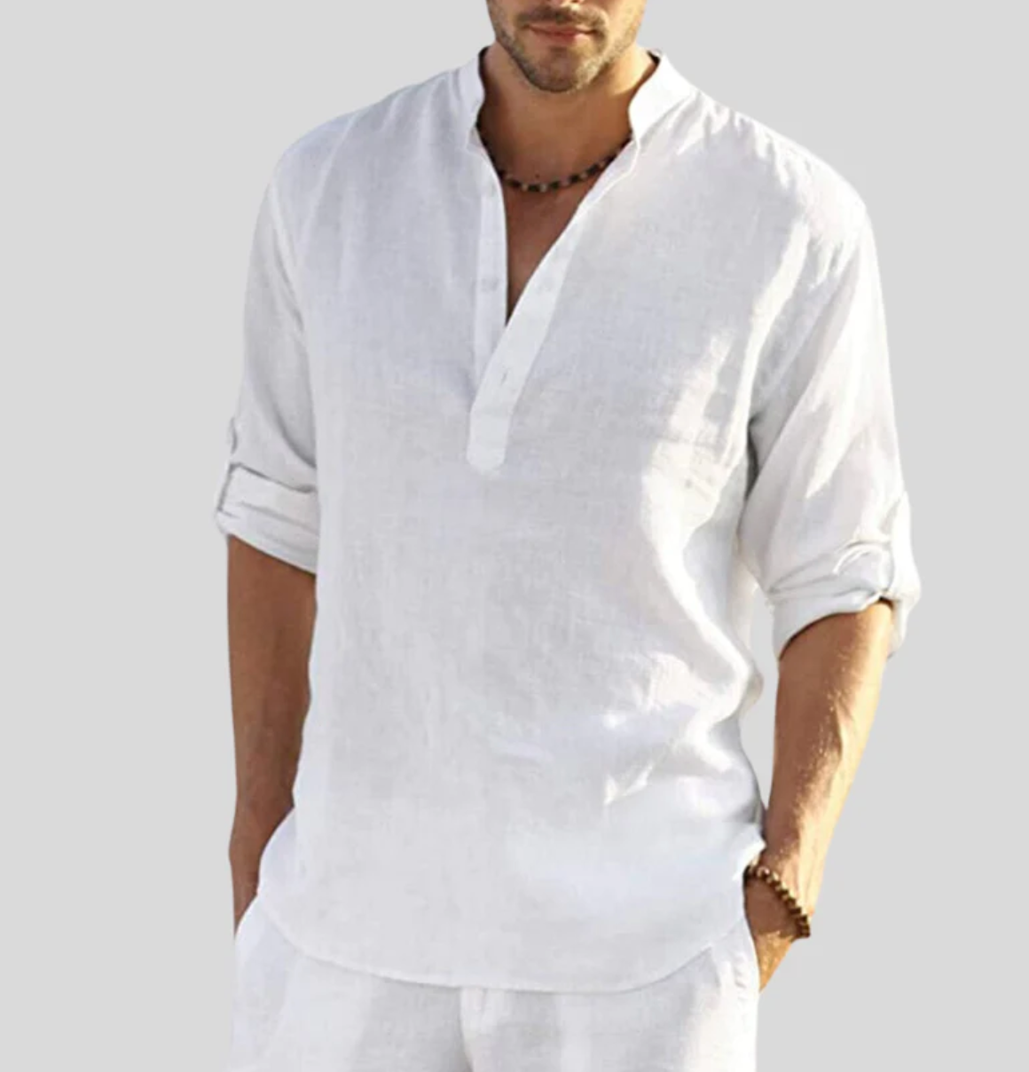 Men's Long Sleeve Shirt with V-Neck and Button Placket, Relaxed Fit