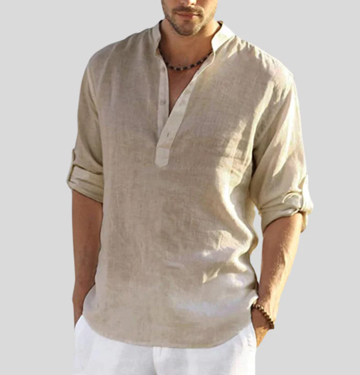 Men's Long Sleeve Shirt with V-Neck and Button Placket, Relaxed Fit