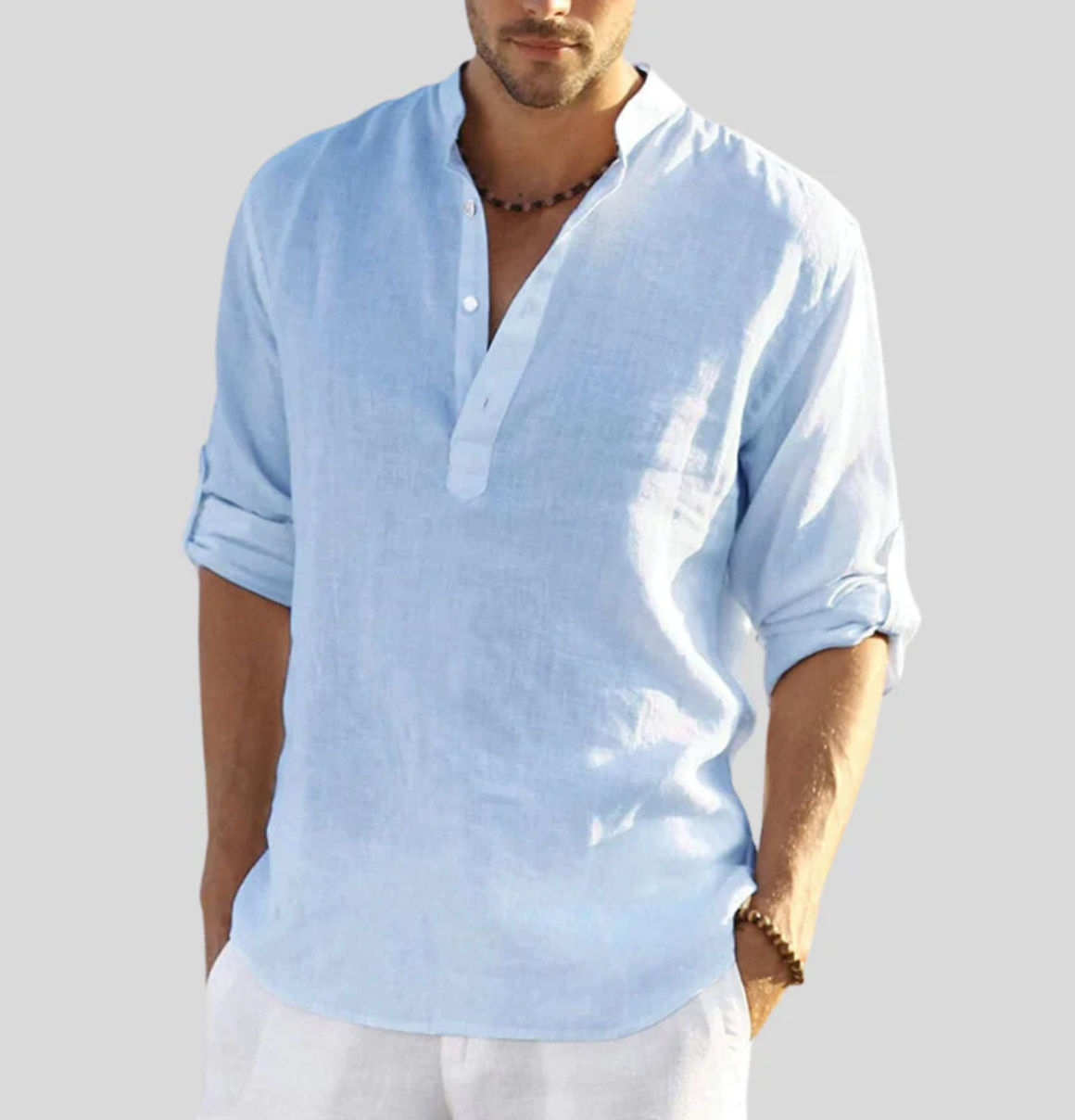 Men's Long Sleeve Shirt with V-Neck and Button Placket, Relaxed Fit