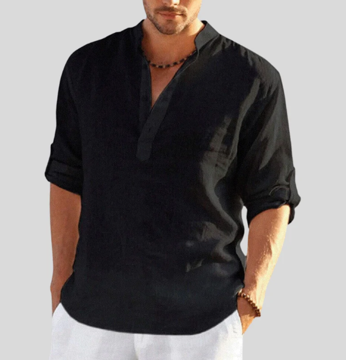 Men's Long Sleeve Shirt with V-Neck and Button Placket, Relaxed Fit