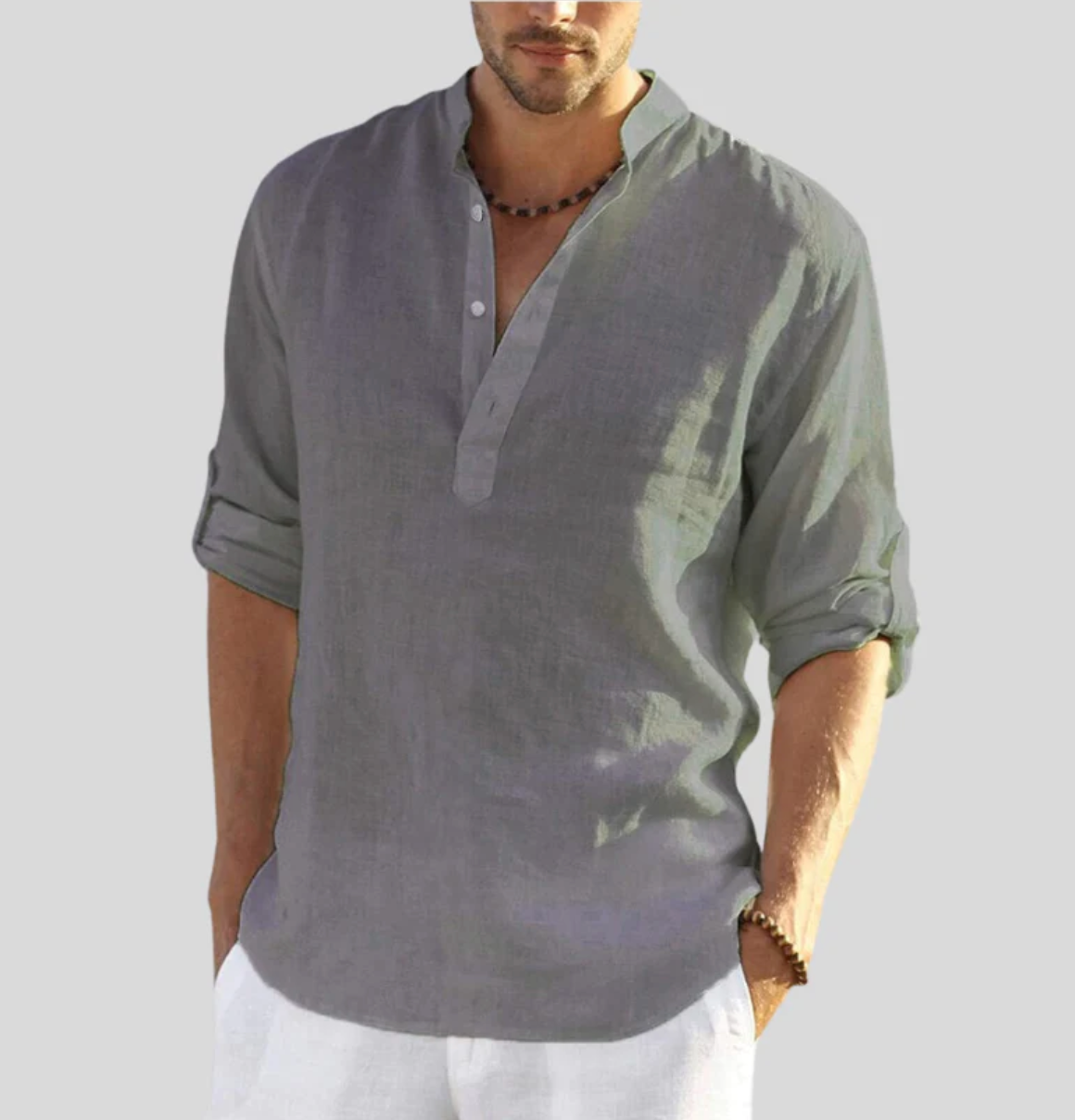 Men's Long Sleeve Shirt with V-Neck and Button Placket, Relaxed Fit