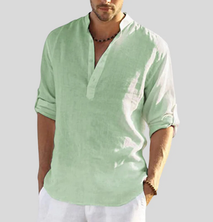 Men's Long Sleeve Shirt with V-Neck and Button Placket, Relaxed Fit