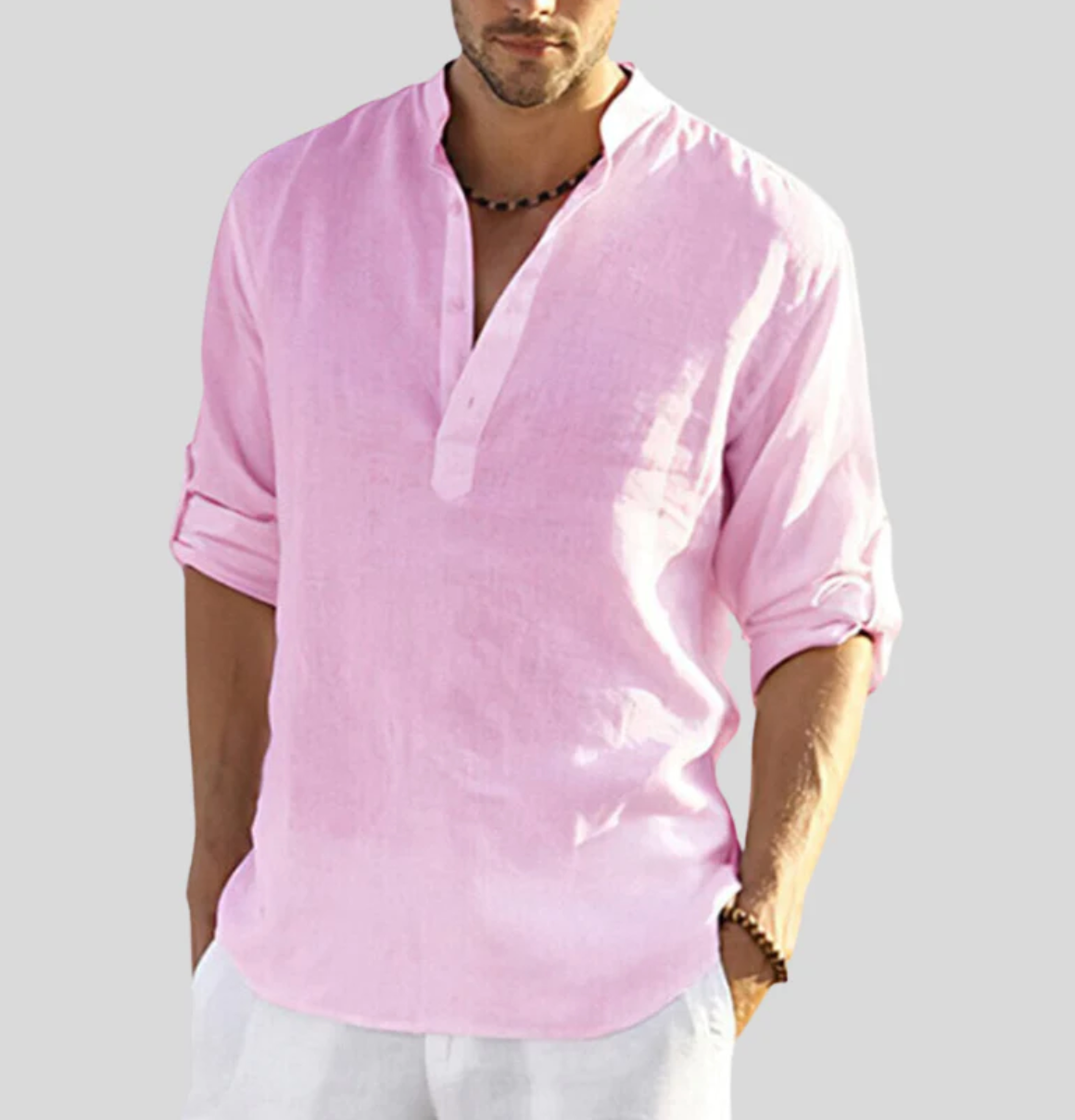 Men's Long Sleeve Shirt with V-Neck and Button Placket, Relaxed Fit