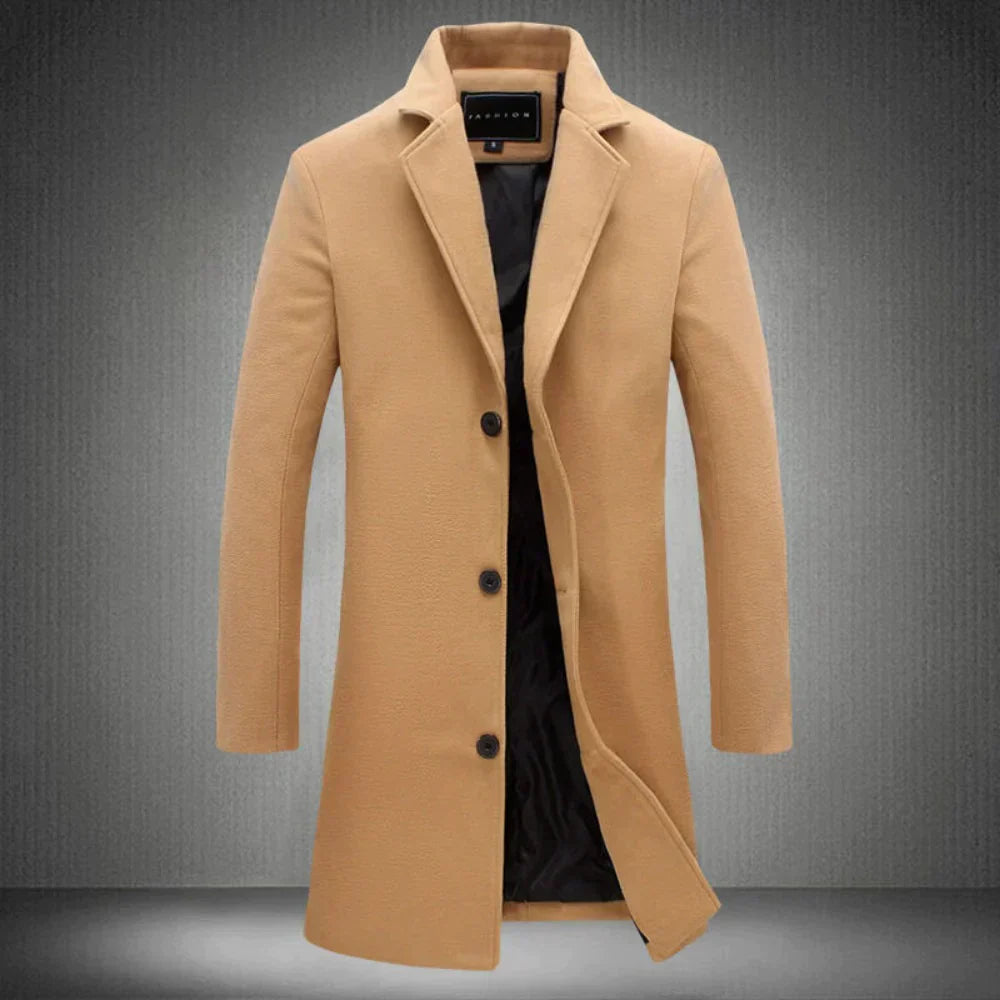 Men's Long Winter Coat Single-Breasted with Notch Lapel