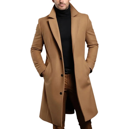 Men's Long Winter Coat with Notch Lapel and Button Closure