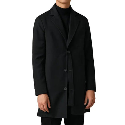 Men's Long Winter Coat with Notch Lapel and Button Closure
