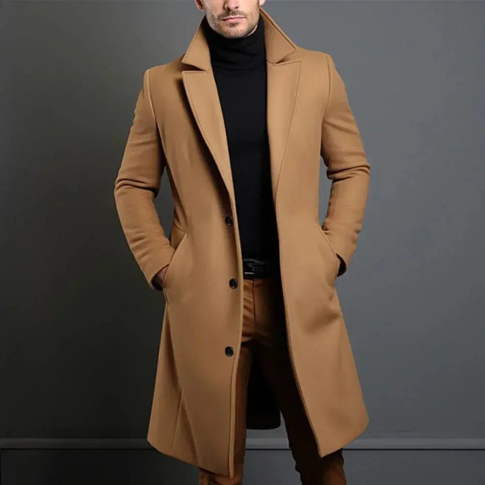 Men's Long Winter Coat with Notch Lapel and Button Closure