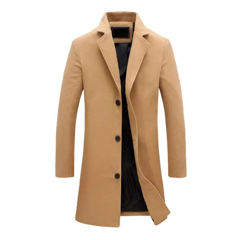 Men's Long Winter Coat with Notch Lapel and Button Closure