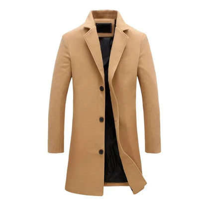 Men's Long Winter Coat with Notch Lapel and Button Closure