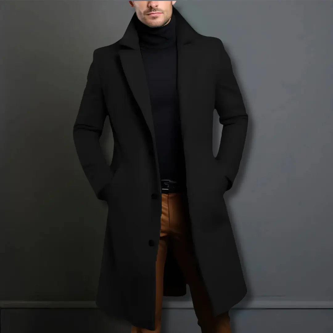 Men's Long Winter Coat with Notch Lapel and Button Closure