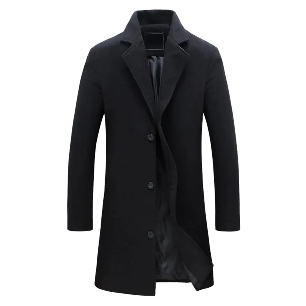 Men's Long Winter Coat with Notch Lapel and Button Closure