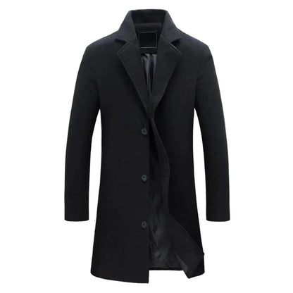 Men's Long Winter Coat with Notch Lapel and Button Closure
