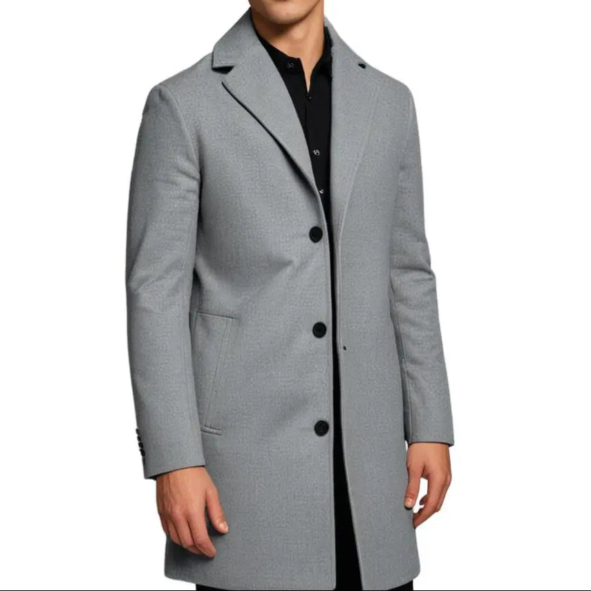 Men's Long Winter Coat with Notch Lapel and Button Closure