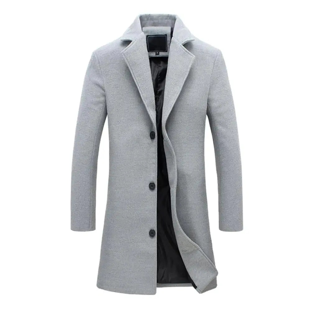 Men's Long Winter Coat with Notch Lapel and Button Closure