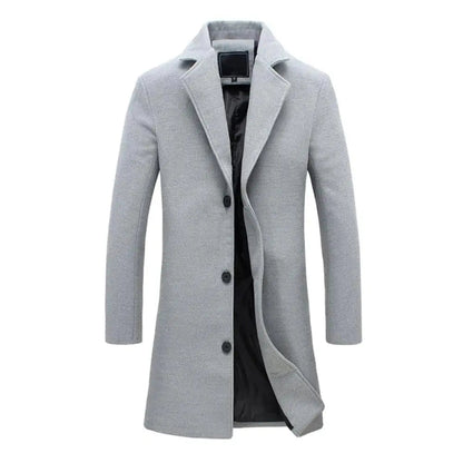 Men's Long Winter Coat with Notch Lapel and Button Closure