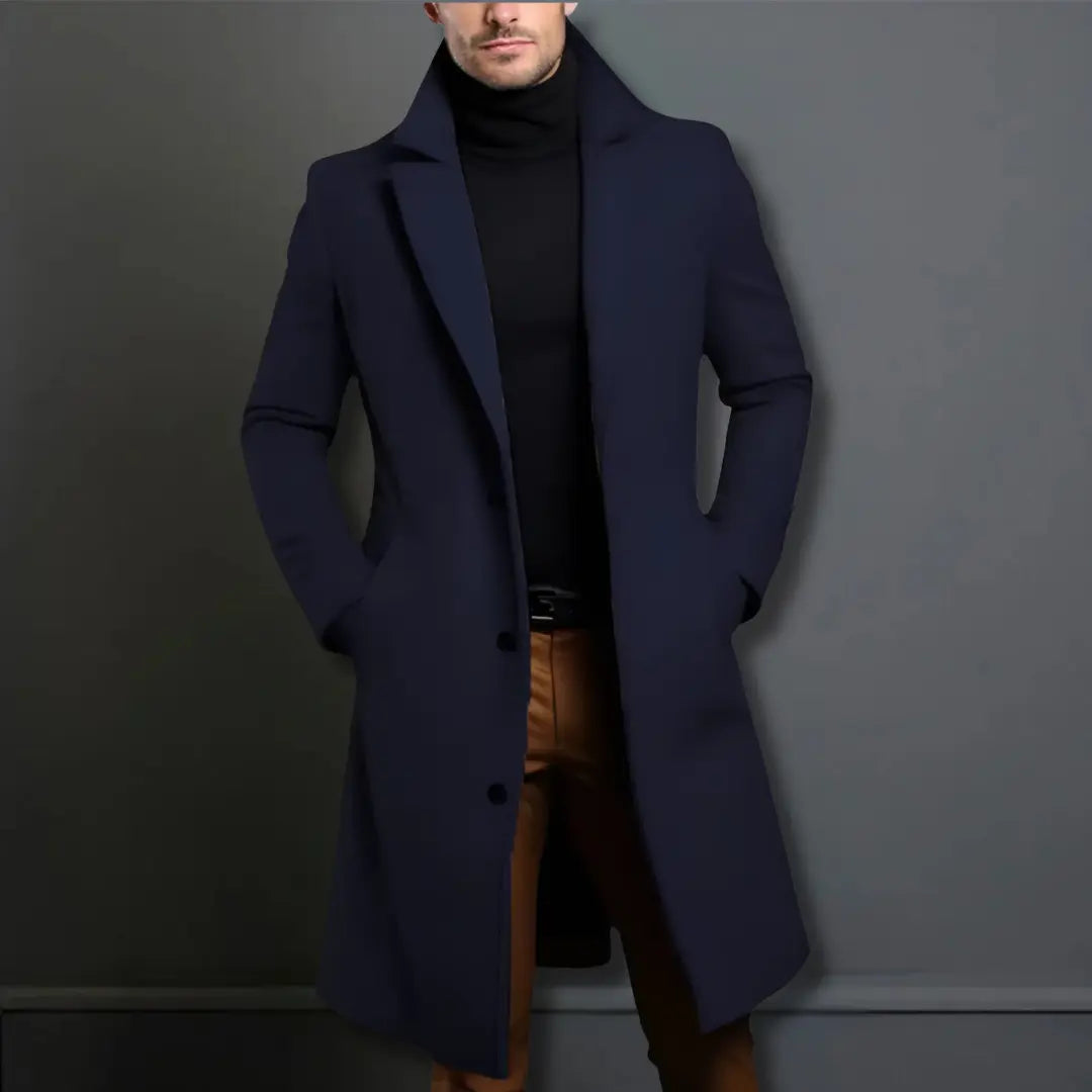 Men's Long Winter Coat with Notch Lapel and Button Closure