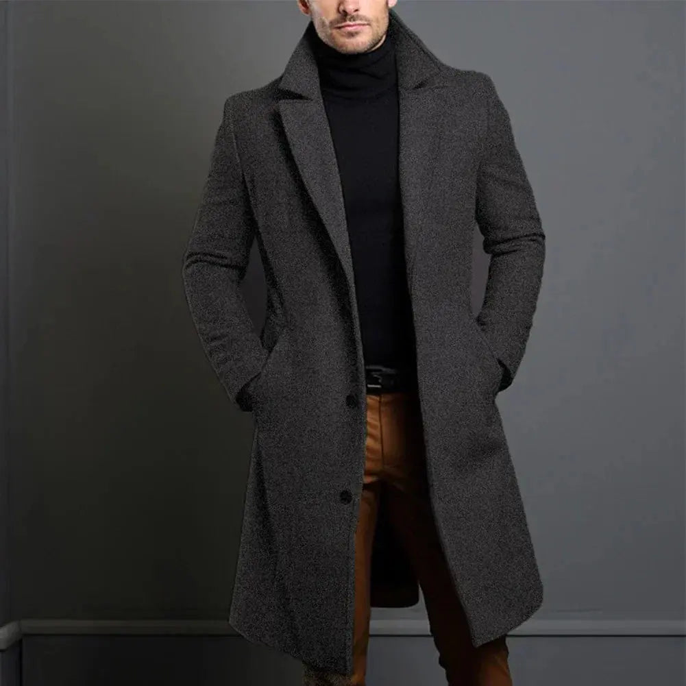 Men's Long Winter Coat with Notch Lapel and Button Closure
