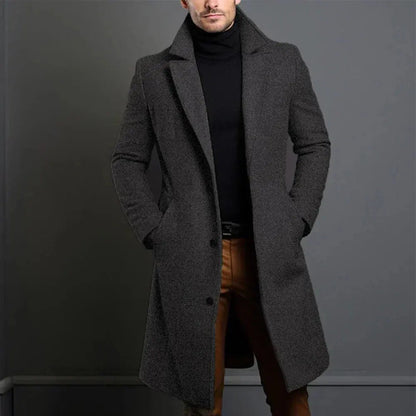 Men's Long Winter Coat with Notch Lapel and Button Closure