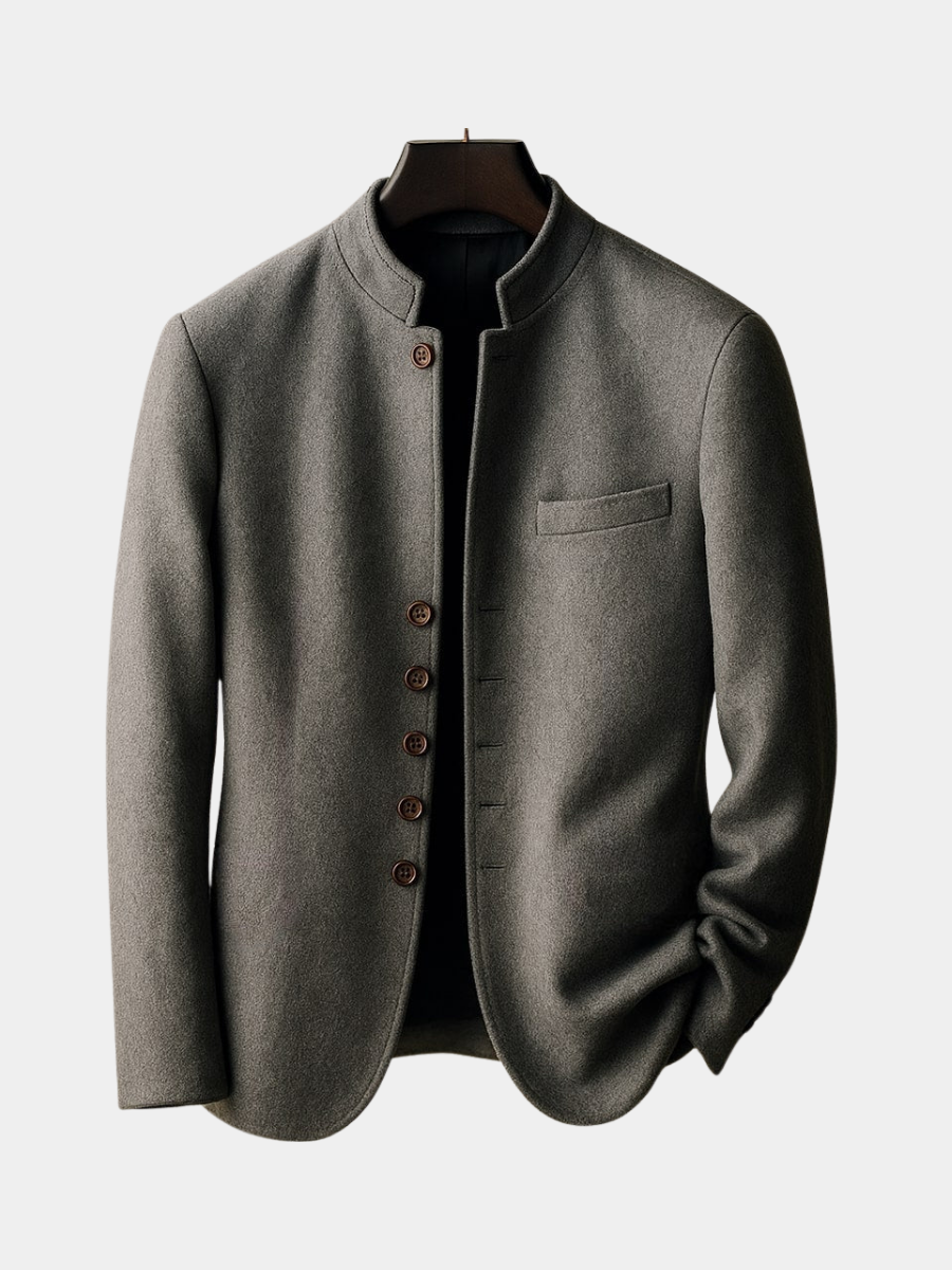 Men's Mandarin Collar Jacket with Chest Pocket and Button Front