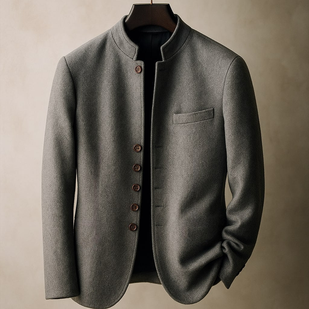 Men's Mandarin Collar Jacket with Chest Pocket and Button Front