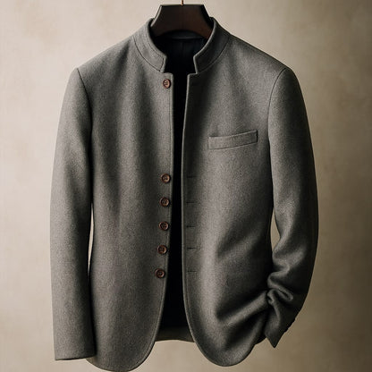 Men's Mandarin Collar Jacket with Chest Pocket and Button Front