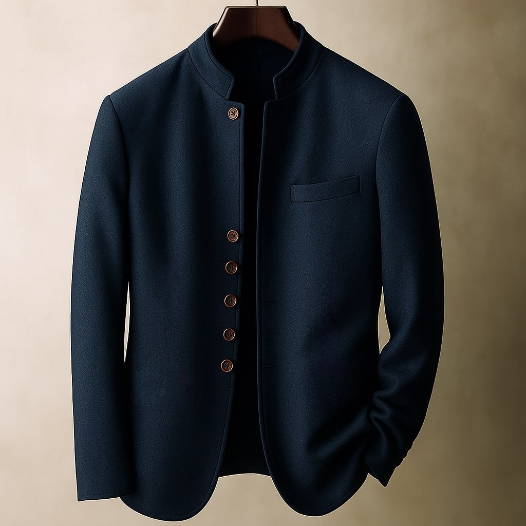 Men's Mandarin Collar Jacket with Chest Pocket and Button Front