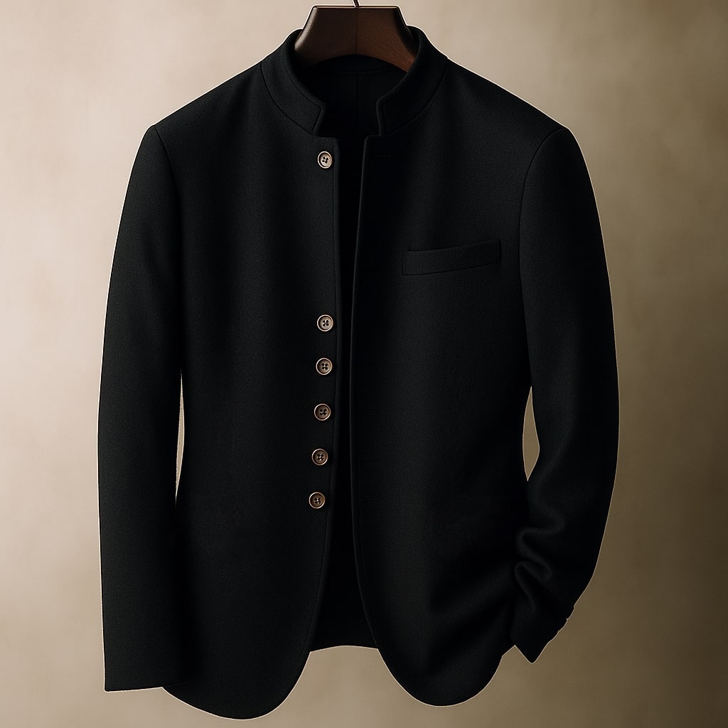 Men's Mandarin Collar Jacket with Chest Pocket and Button Front