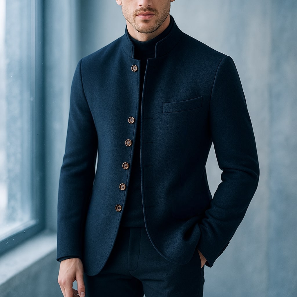 Men's Mandarin Collar Jacket with Chest Pocket and Button Front
