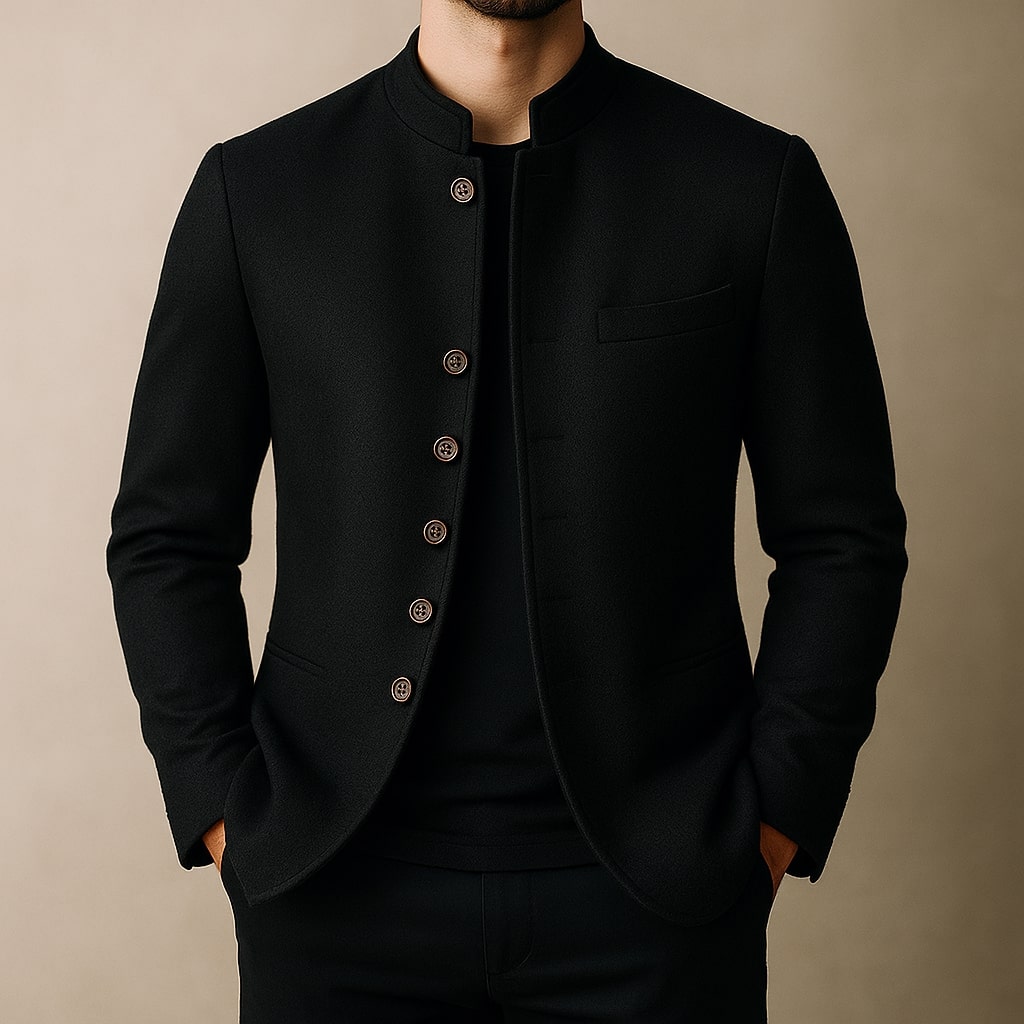 Men's Mandarin Collar Jacket with Chest Pocket and Button Front