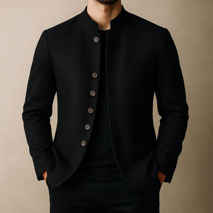 Men's Mandarin Collar Jacket with Chest Pocket and Button Front