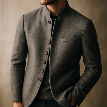 Men's Mandarin Collar Jacket with Chest Pocket and Button Front