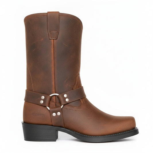 Men's Mid-Calf Cowboy Boots with Harness Strap and Square Toe