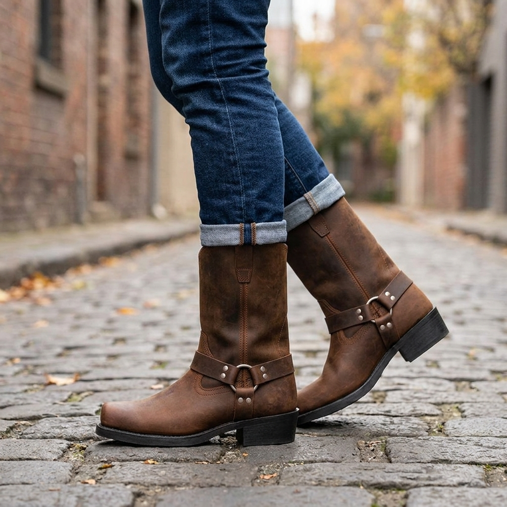 Men's Mid-Calf Cowboy Boots with Harness Strap and Square Toe